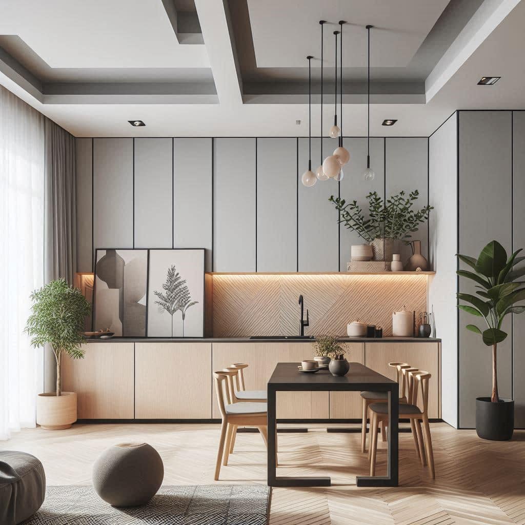 decoración minimalista para una sala comedor con cocina integrado